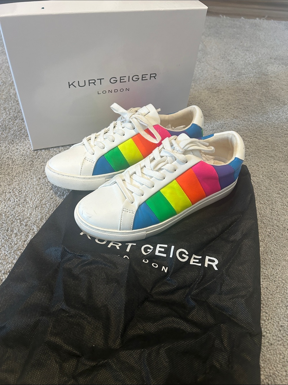 Kurt Geiger Limited Edition White Leather Sneakers with Rainbow Panels